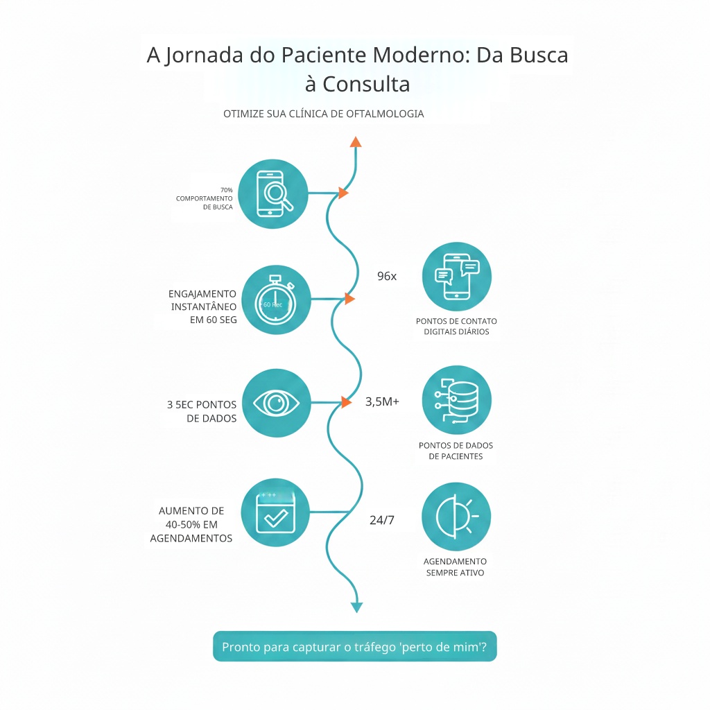 Infográfico da jornada moderna do paciente até oftalmologista perto