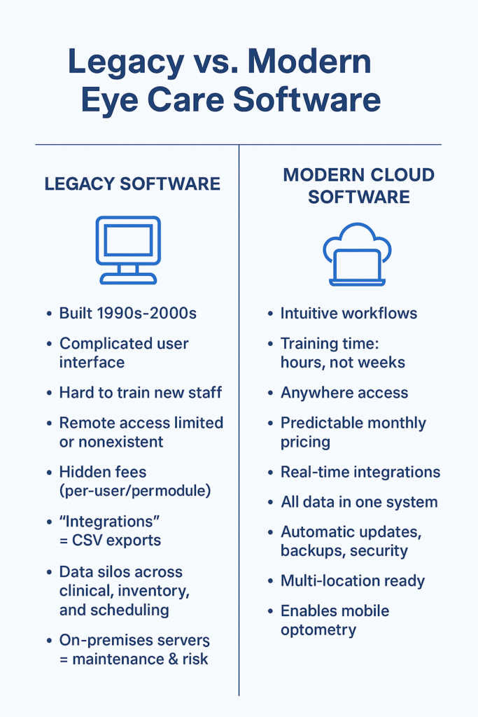 Legacy vs modern eye care software comparison graphic