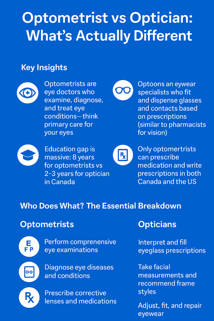 Optometrysta vs optyk – role wyjaśnione na niebieskiej infografice