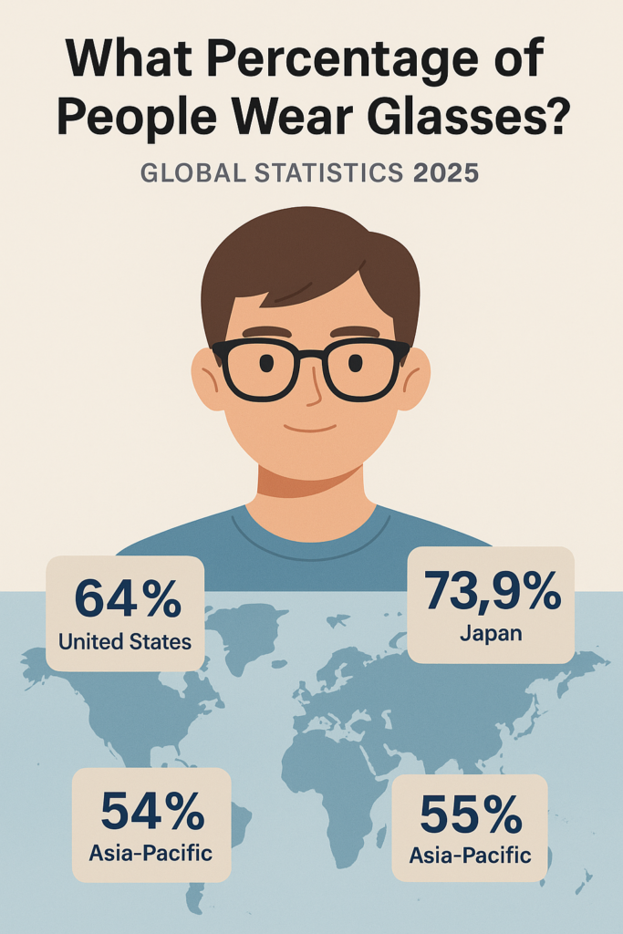 Infografika ze światowymi statystykami dotyczącymi noszenia okularów w 2025 roku, obejmującymi USA, Japonię i region Azji i Pacyfiku