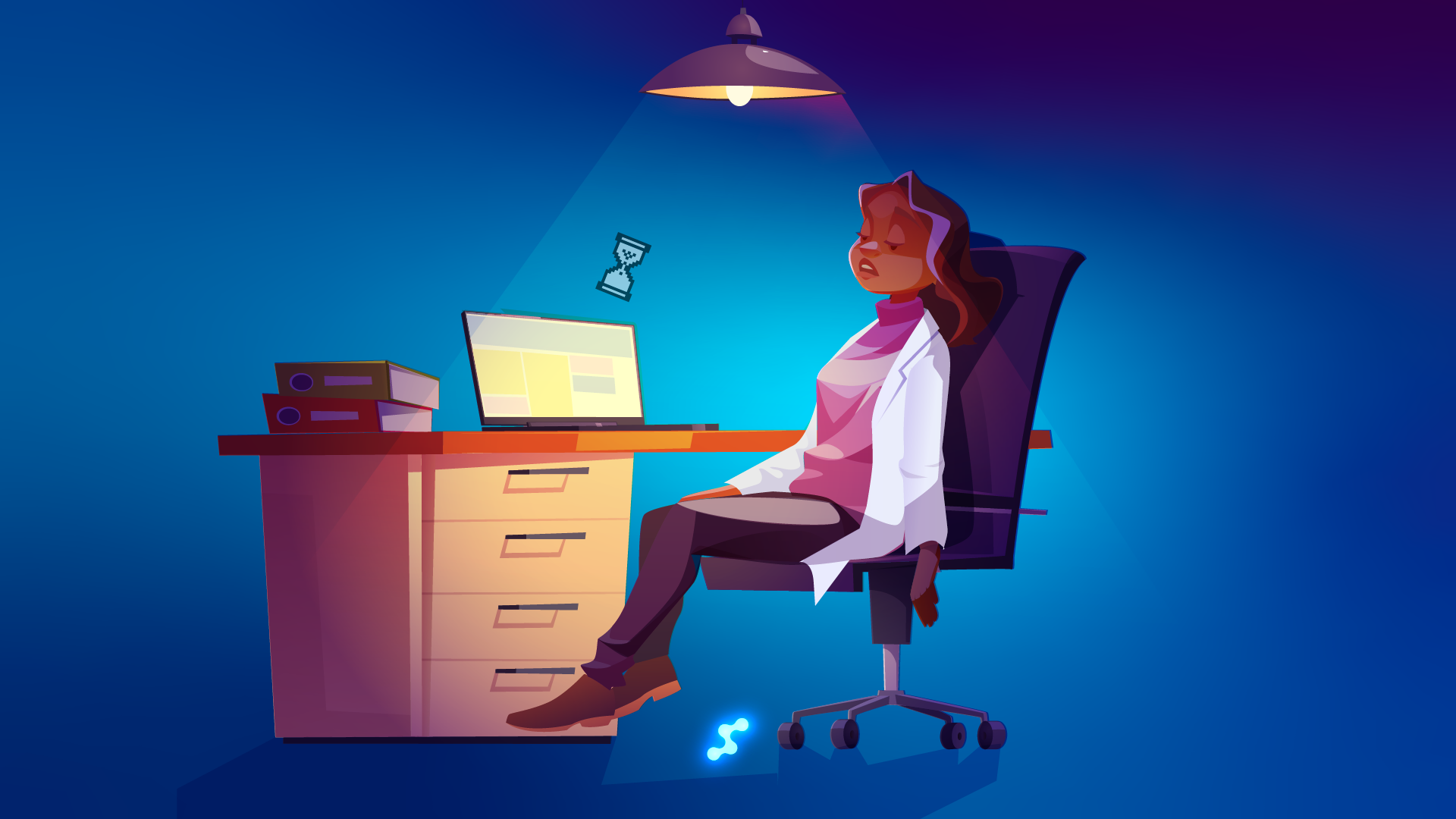 Tired optometrist at desk with laptop and outdated office systems