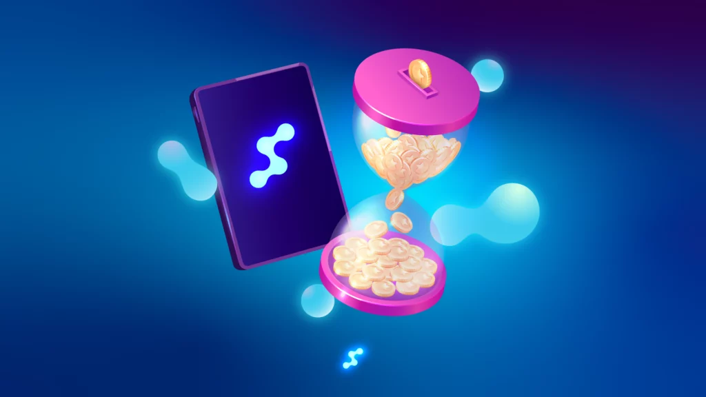 Digital savings and coins concept with glowing mobile app screen