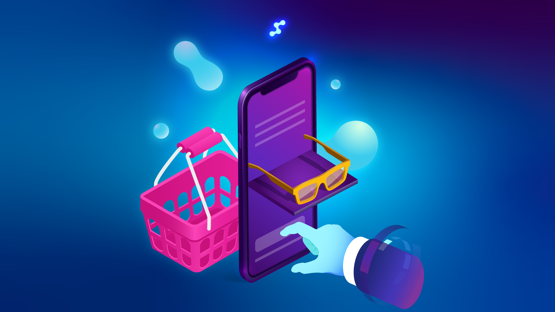 Online eyewear shopping with smartphone and basket illustration