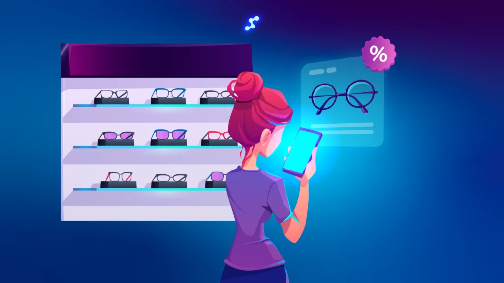 Femeie alege ochelari în magazin folosind ofertă pe telefon