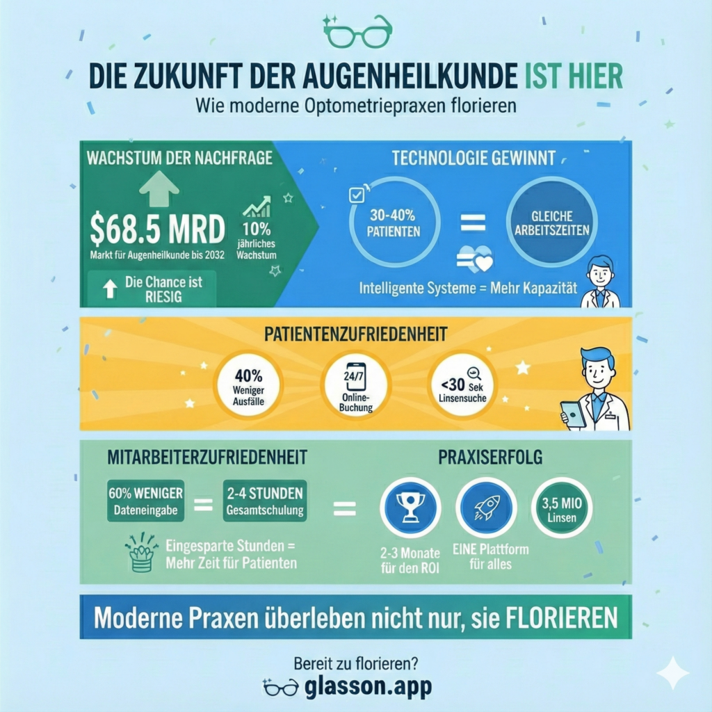 Moderne Optometrie-Wachstum Tech-Infografik Praxen 