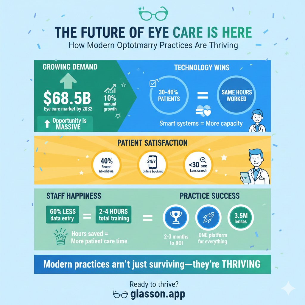 Modern optometry growth and technology infographic for practices