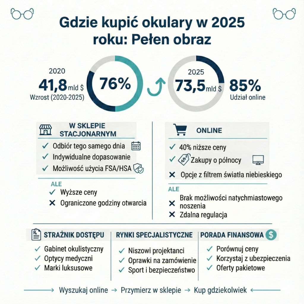 Infografika gdzie kupić okulary online lub stacjonarnie