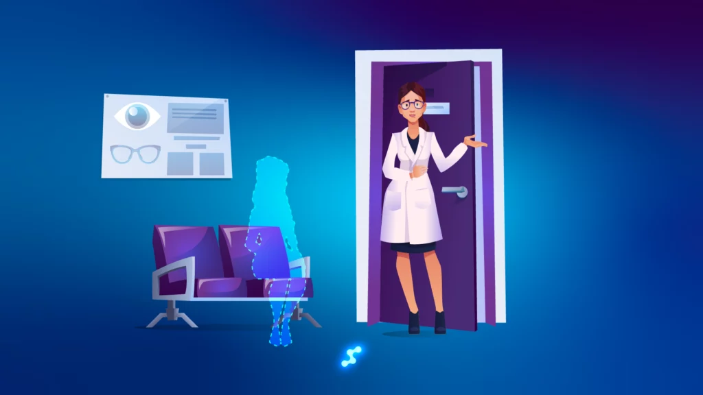 Optometrist inviting patient from digital waiting room illustration