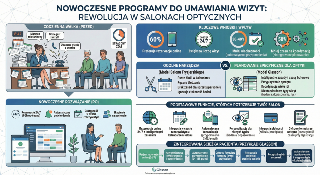 Infografika o rezerwacji badań wzroku online w optyce