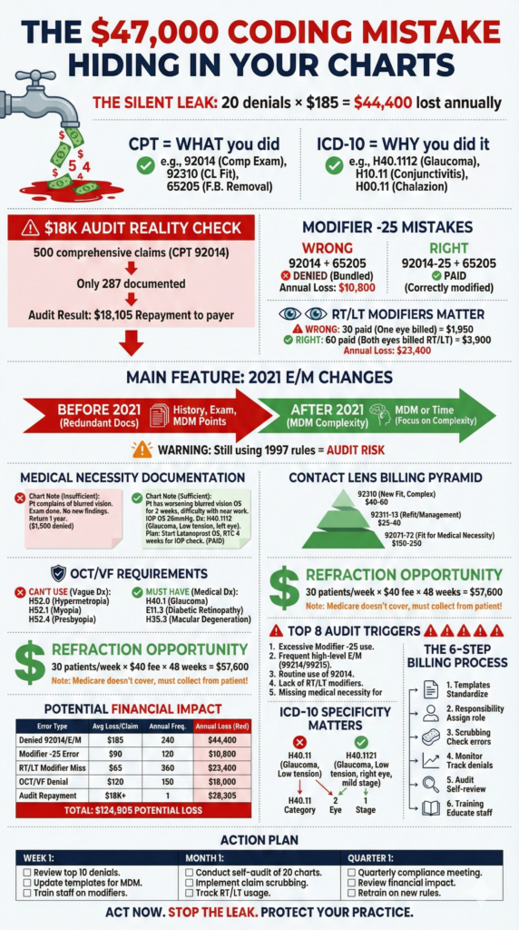 Eye care coding infographic on $47,000 charting mistakes

