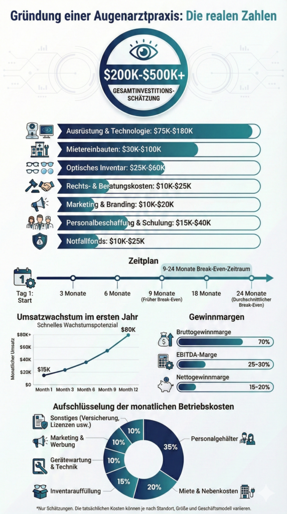 Die Infografik enthält umfassende Informationen zum Geschäftsplan für einen Optometriesalon.