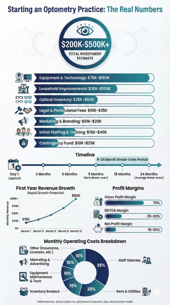 Optometry practice startup costs and break-even timeline infographic​