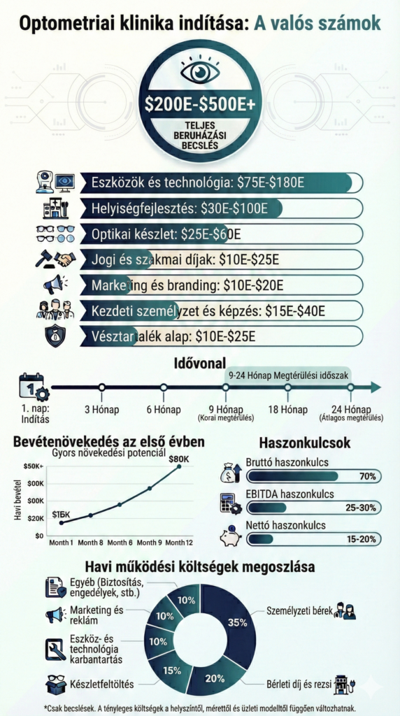 Az infografika átfogó információkat tartalmaz egy optometriai szalon üzleti tervéről.