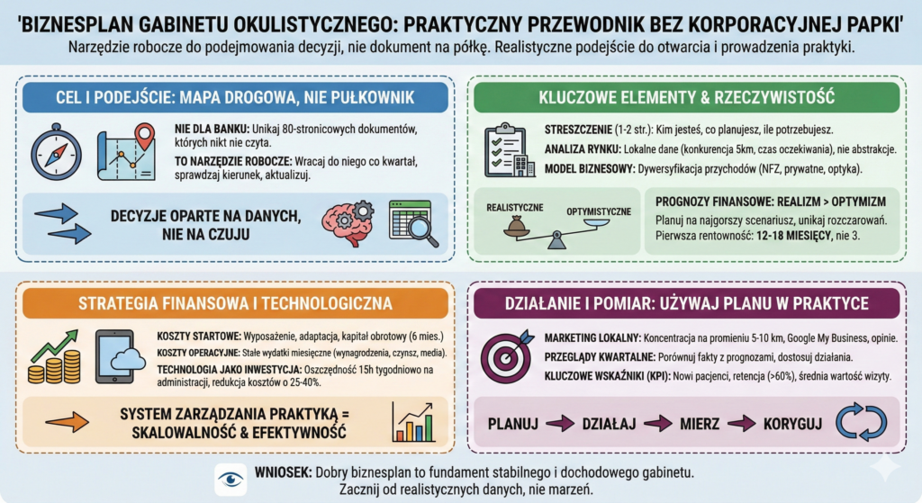 Infografika kosztów startu gabinetu i progu rentowności w optometrii