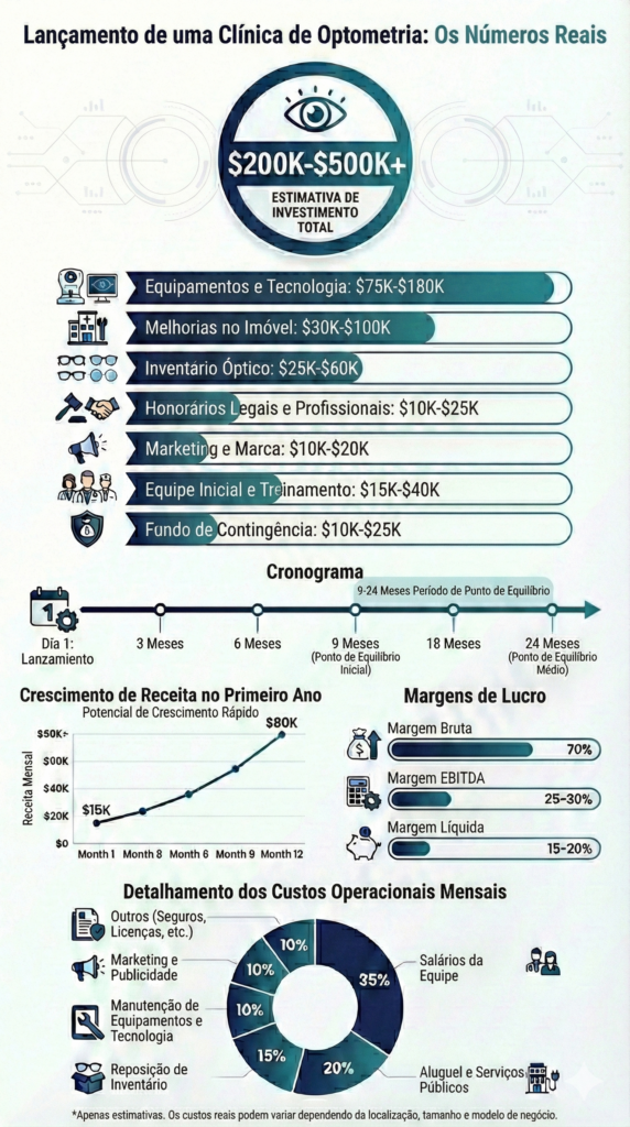 O infográfico apresenta informações abrangentes sobre o plano de negócios para um consultório de optometria.

