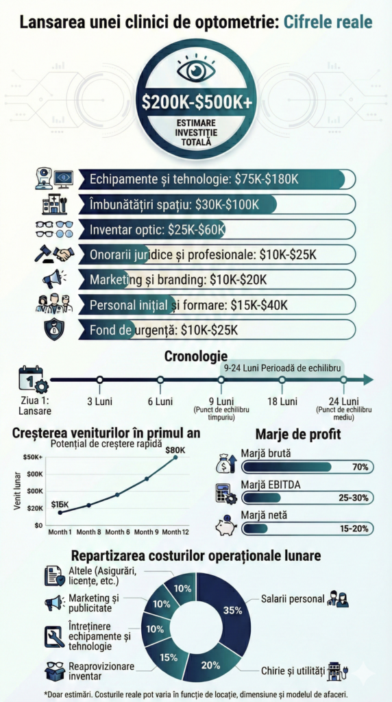 Infograficul prezintă informații complete despre planul de afaceri pentru un salon de optometrie.