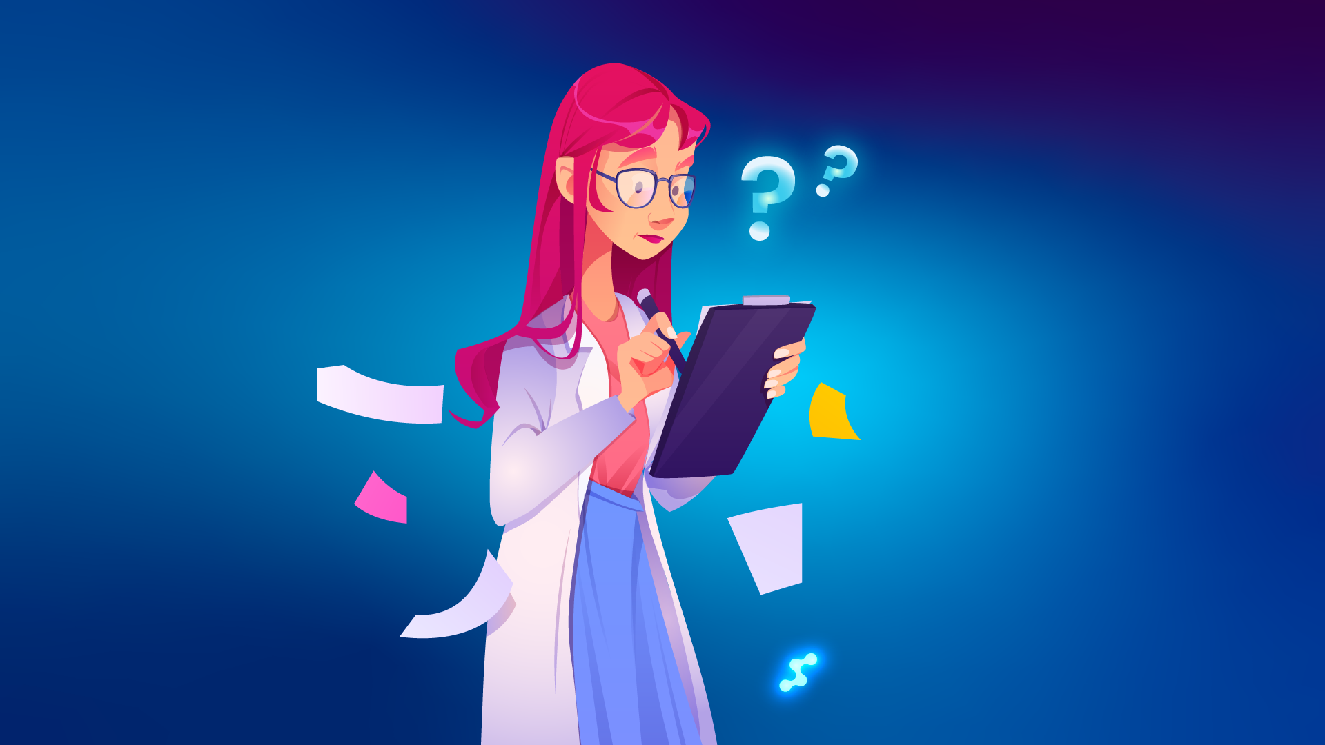 Optician reviewing eyeglass prescription on clipboard with questions