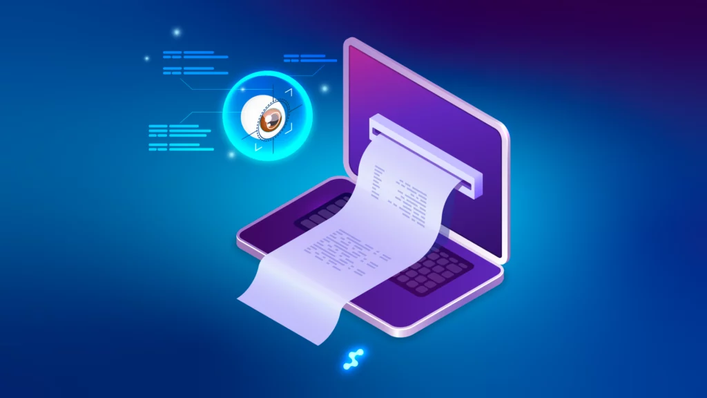 Laptop printing a vision prescription with digital eye icon on screen