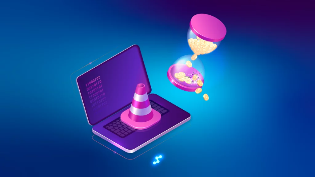 Laptop with traffic cone showing time and money loss from bad software