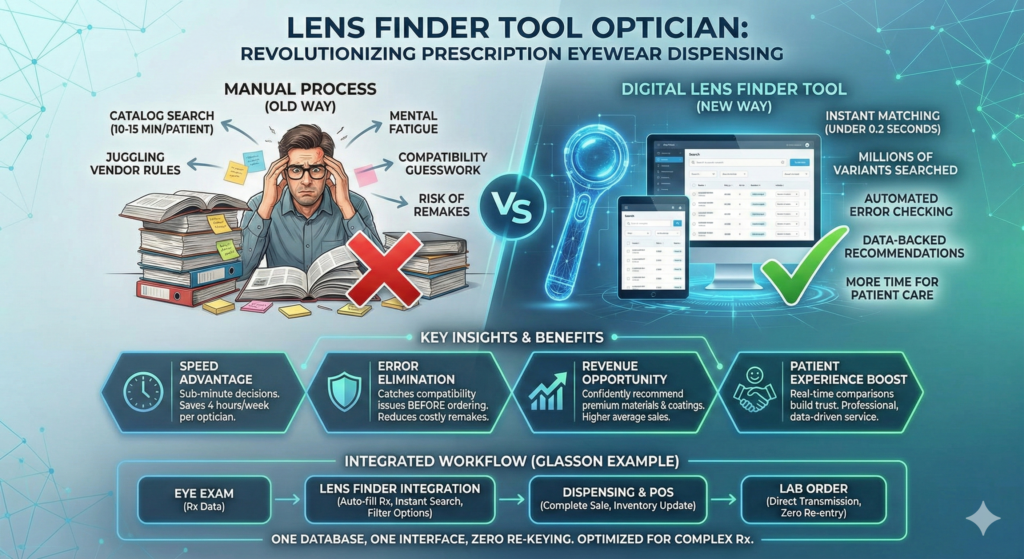 Infographic showing digital lens finder tool benefits for opticians

