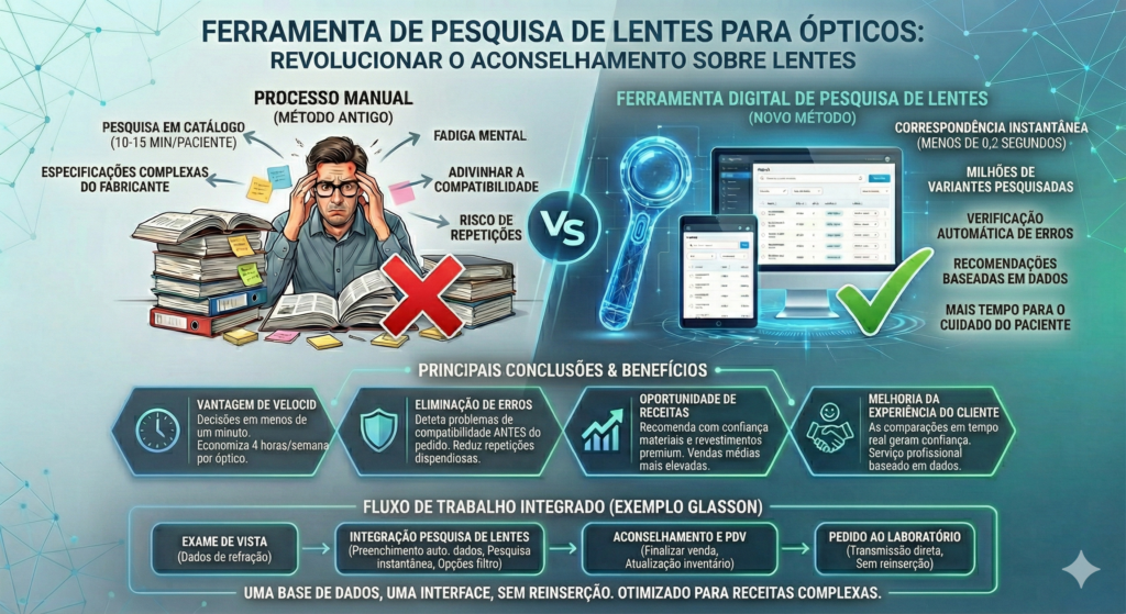 Infográfico sobre benefícios do localizador digital de lentes