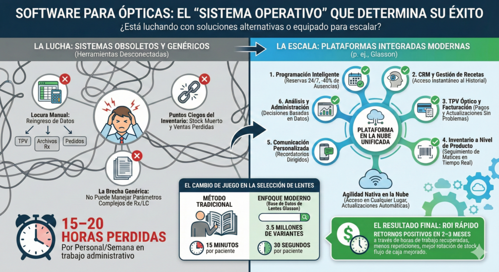 Infografía: software heredado vs moderno para ópticas Glasson
