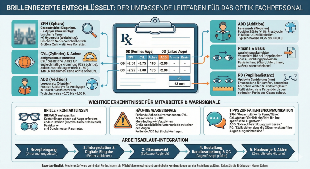 Infografik zu Brillenwerten: SPH, CYL, Achse, ADD, PD.