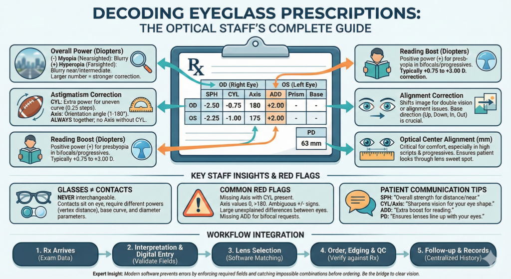 Infographic decoding eyeglass prescription terms: SPH, CYL, axis, ADD, PD