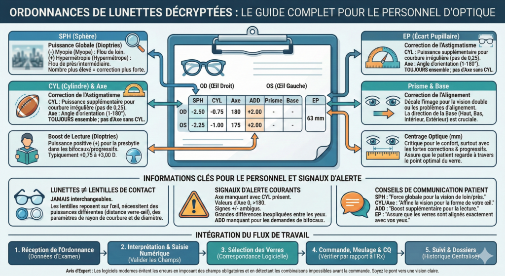 Infographie: SPH, CYL, axe, ADD, PD sur ordonnance de lunettes.