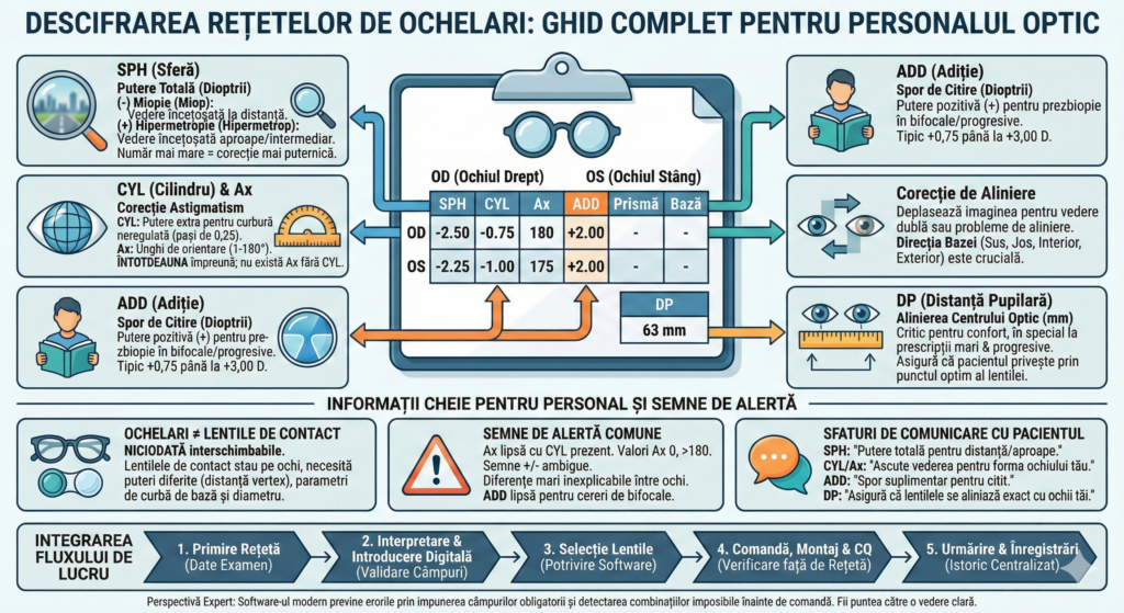  Infografic: termeni rețetă ochelari SPH, CYL, ax, ADD, PD.