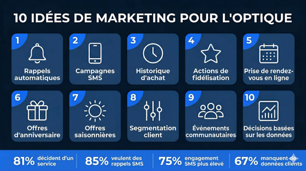 Infographie avec 10 idées de marketing SMS pour optiques