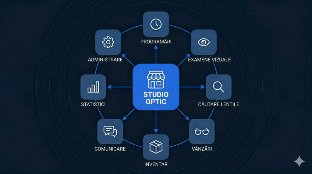 Infografic: module software pentru gestiunea opticii