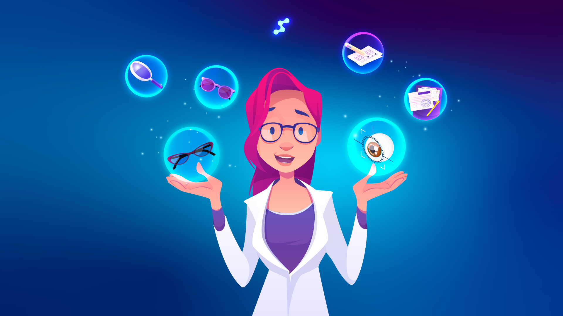 Optician managing eyewear frames, glasses and eye exam tools
