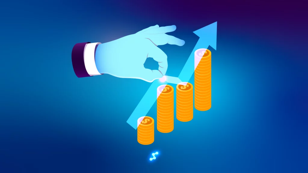 Growing revenue chart with coins representing optical business growth

