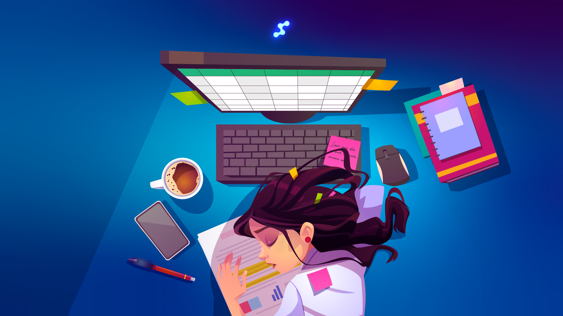 Woman asleep at desk with spreadsheet on monitor
