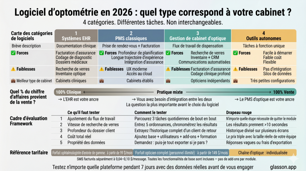 Infographie sur les catégories de logiciels d’optométrie
