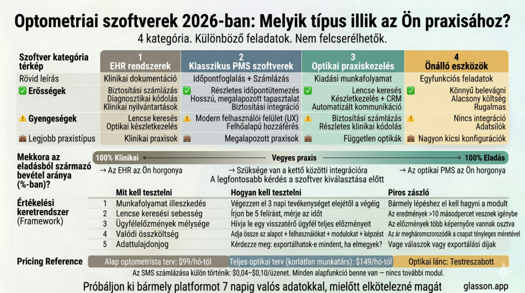 Infografika az optometriai szoftver kategóriáiról