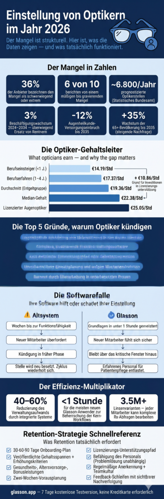 Infografik zu Optikerrekrutierung, Gehältern und Engpässen