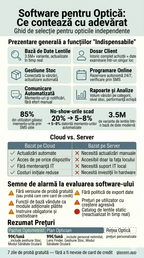 Infografic checklist pentru alegerea software‑ului de optică