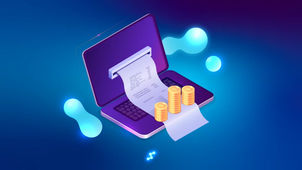 Online billing on laptop with receipt and coins