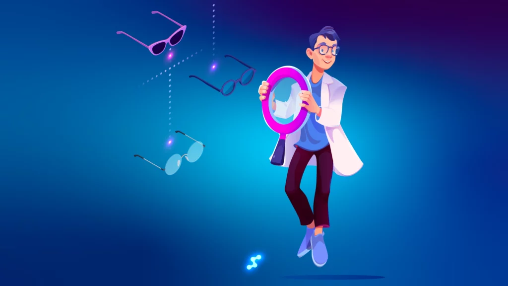 Optician holding magnifying glass with eyeglasses