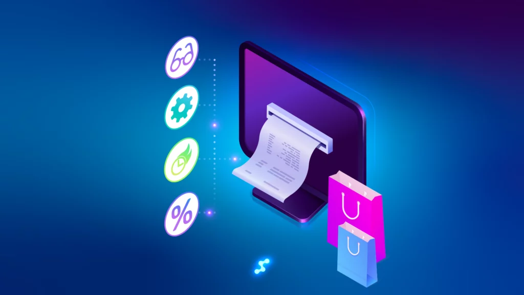 POS monitor printing receipt beside shopping bags and discount icons