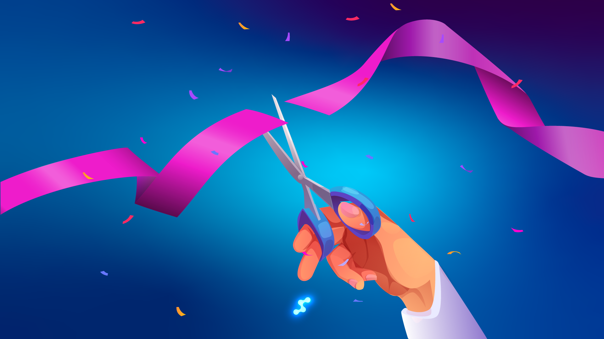Hand with scissors cutting a colorful ribbon at an opening event