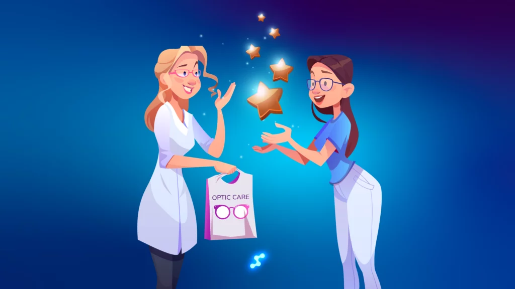 Optician giving a customer a bag with glasses
