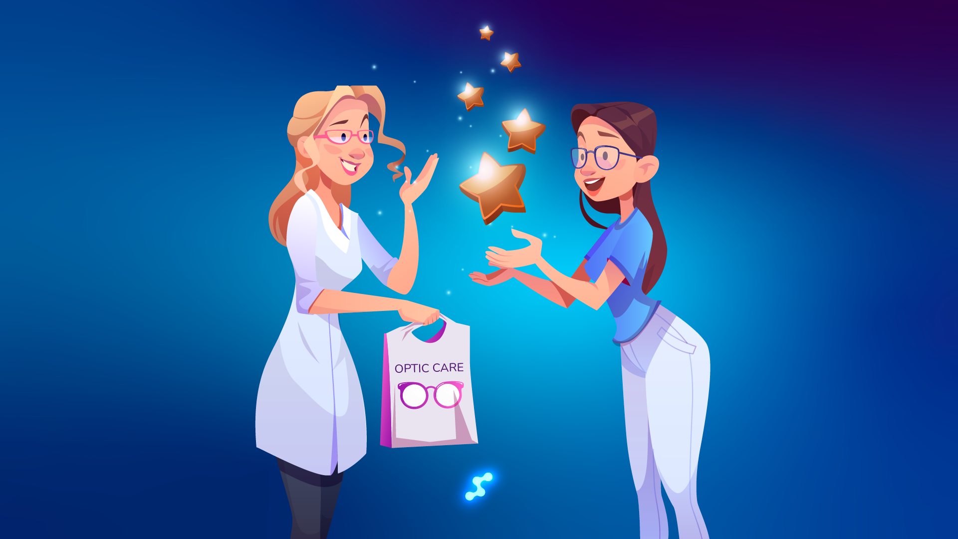 Optician giving a customer a bag with glasses