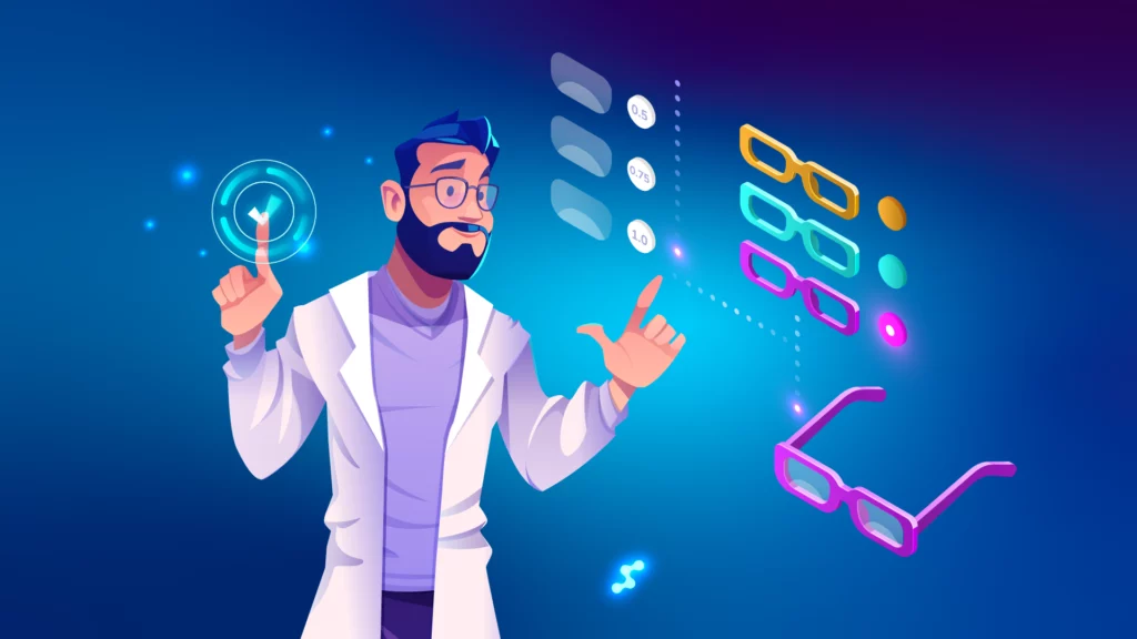 Dispensing optician using digital tools to select eyeglasses